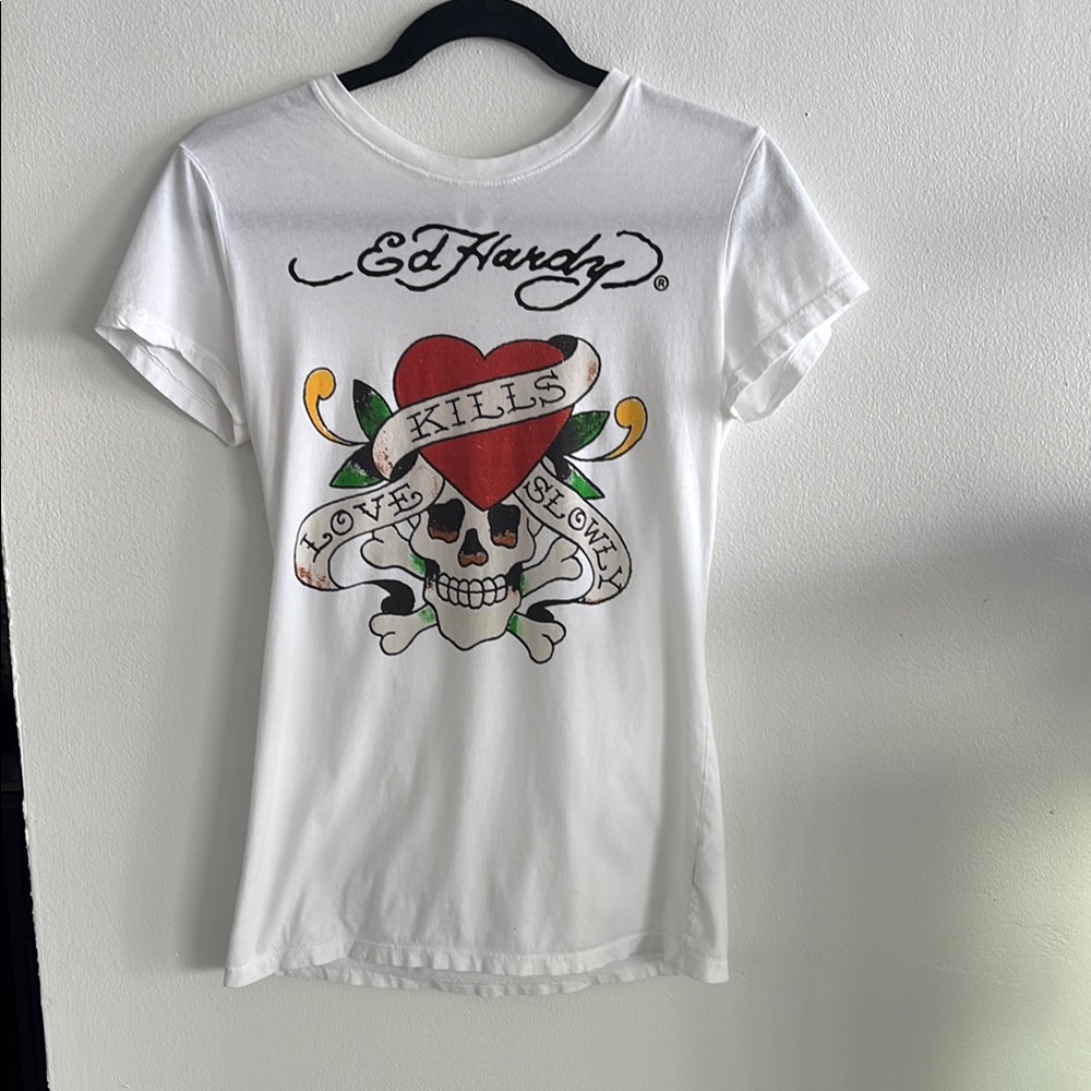 Ed Hardy White Tee with Skull and Heart Design